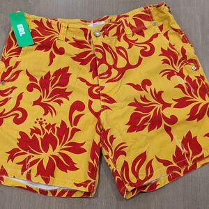 $395 Mens ERL Stretch Denim Floral Shorts Tropical Floral Orange/Yellow